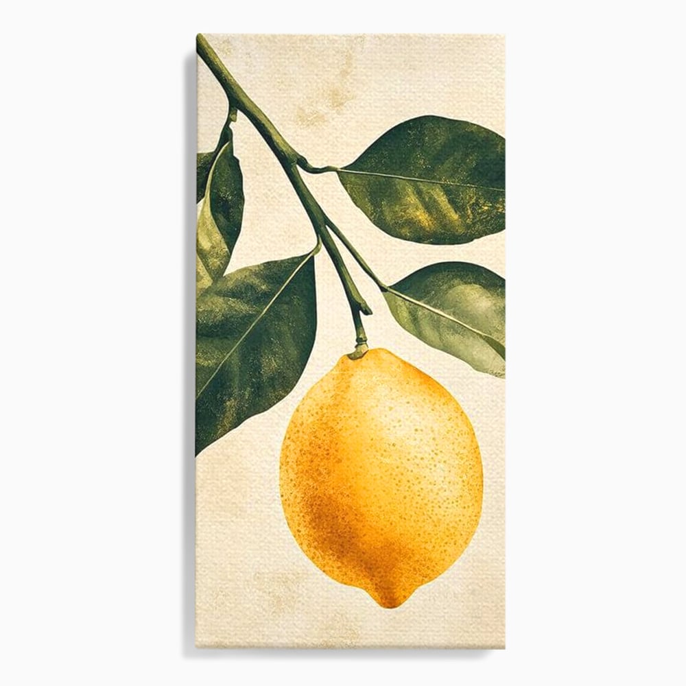 Tablou canvas cu ilustratie botanica cu lamaie si frunze, fara rama, pe sasiu de lemn